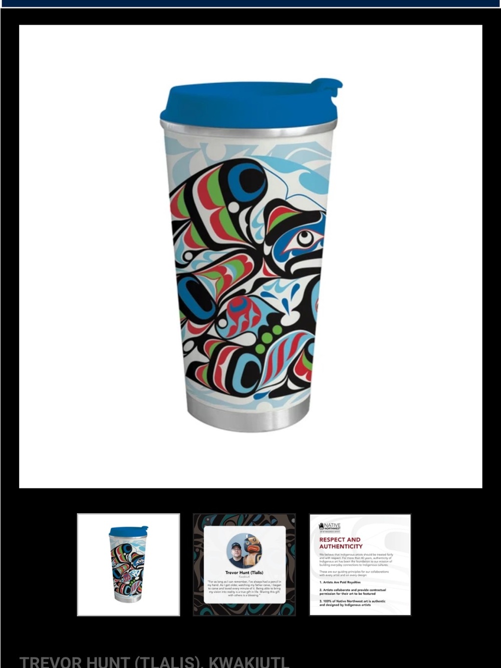 Travel Tumbler with Blue Lid and Multicolor Kwakiutl Art